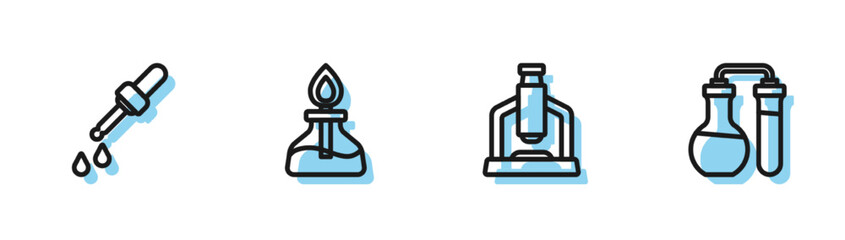 Set line Microscope, Pipette, Alcohol or spirit burner and Test tube icon. Vector