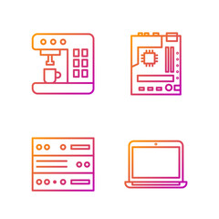 Set line Laptop, Server, Data, Web Hosting, Coffee machine and Motherboard. Gradient color icons. Vector