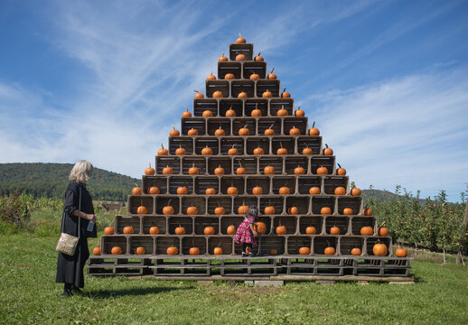Girl and grandma looking at pumpkin tower at a patch