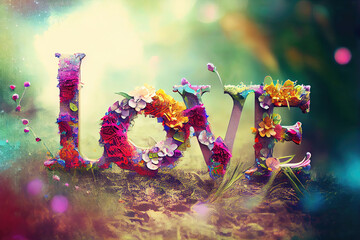 Love text letters design with colorful flowers in nature (Generative AI) - obrazy, fototapety, plakaty