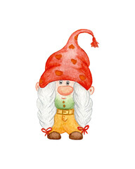 Watercolor Gnome Valentine illustration on a white background. Cute Dwarf with a heart. Elf for the design of cards, banners, greetings Dwarf with Pigtails