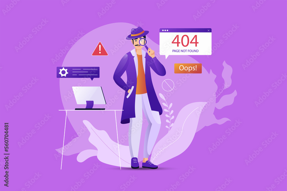 Aufkleber 404 error concept with people scene. man lost contact with site and is repairing trouble and fixing 