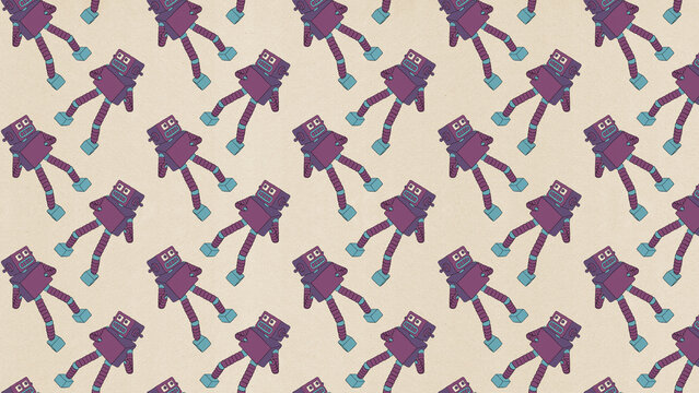 A pattern of violet and blue robots