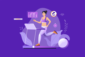 Fitness at gym concept with people scene. Woman runs on treadmill, controls her weight on cardio workouts and leads healthy lifestyle. Characters situation in flat design for web.
