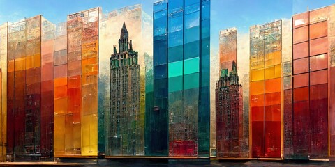 Illusion of a big city different colors stained glass abstraction background, Generative AI
