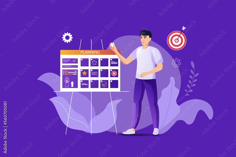 Aufkleber planning concept with people scene. man organizes work processes and daily routine, notes tasks on c