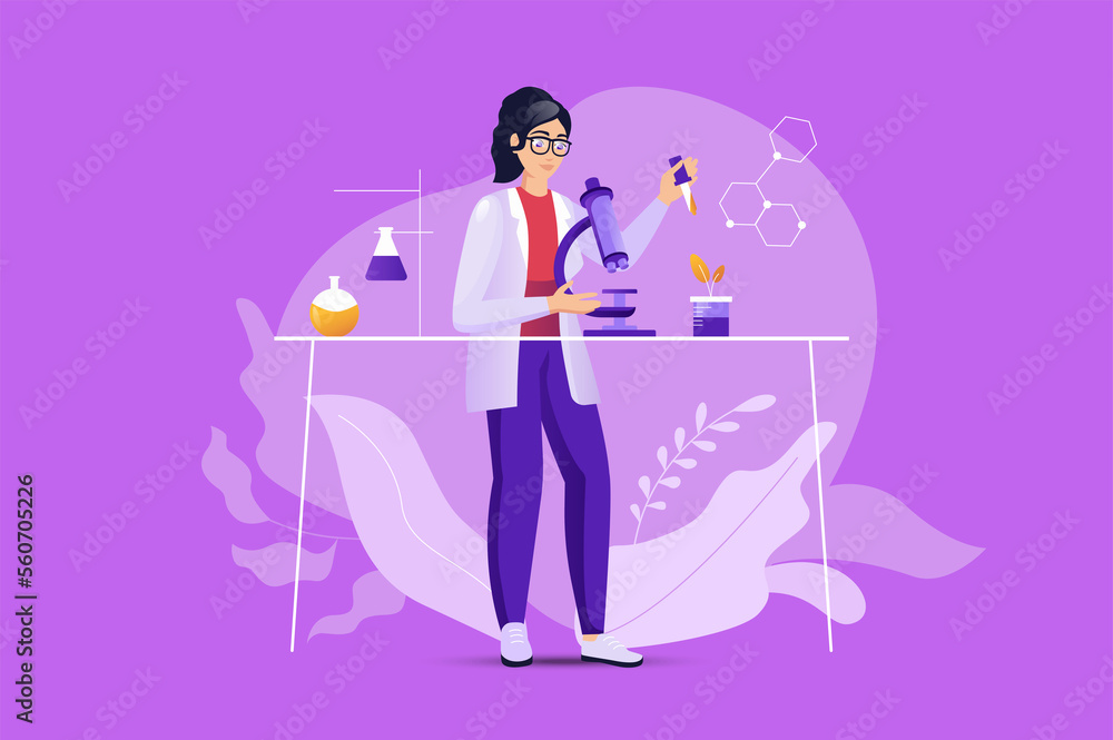 Aufkleber science laboratory concept with people scene. woman scientist doing research and experiment using la