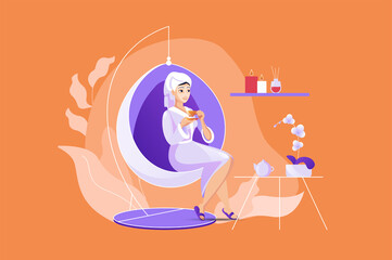 Spa salon concept with people scene. Woman in bathrobe and towel makes care procedures, facial masks and drinks relaxing herbal tea. Characters situation in flat design for web.