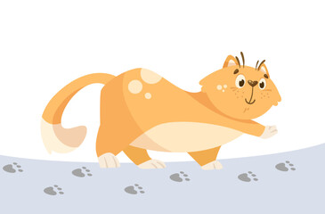 Cute comic cat leaving paw prints on floor vector illustration. Cartoon drawing of ginger kitten character walking on carpet or snow on white background. Pets, domestic animals concept