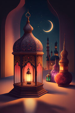 Ramadan Kareem, Mawlid, Iftar, Isra And Miraj, Eid Al Fitr Adha Themed Illustration. 