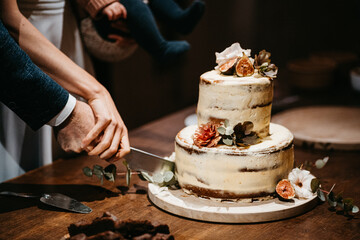 bride and groom cutting their wedding cake