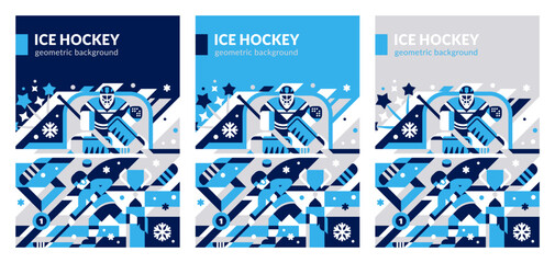 Ice hockey vector backgrounds, flat geometric style. Sport book cover design template. Hockey poster design.