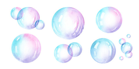colorful Soap bubbles isolated watercolor illustration hand drawn - obrazy, fototapety, plakaty