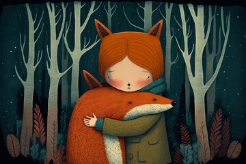 Drawing of a little girl hugging a fox in a forest. Generative Ai. 