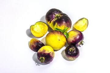Yellow-violet Tomatoes variety Primary colors isolated on white background