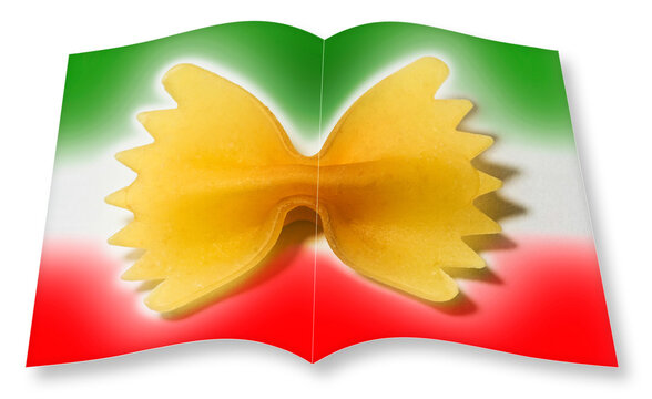 Italian pasta recipes concept image - 3D render of an opened photo book isolated with Italian pasta background