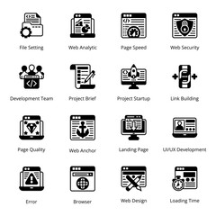 File Setting, Web Analytic, Page Speed, Web Security, page Quality, Web Anchor, Landing Page, UI/UX Development, Web Design, Loading Time, Development Team, Project Brief, Glyph Icons - Solid, Vectors