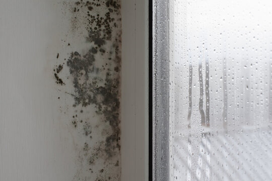 Mold on the wall near the window close-up. The window is covered with moisture, which is why the fungus appears in the house.