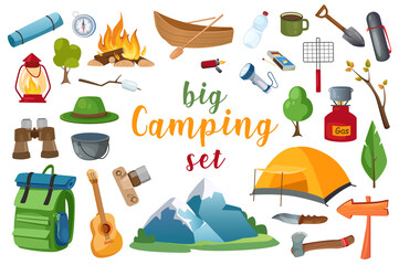 Camping set with isolated elements in flat cartoon design. Bundle of campfire, compass, lantern, boat, shovel, thermos, matches, flashlight, axe, mountains, binoculars and other.