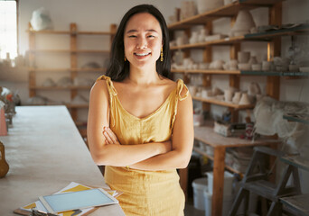 Asian woman, portrait and ceramic business art studio for product manufacturing, sculpture artist...