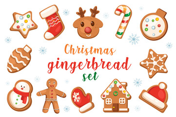 Christmas gingerbreads set with isolated elements in flat cartoon design. Bundle of festive treats in different shapes of star, deer, ball, snowflake, Santa Claus hat and other.