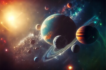 Obraz na płótnie Canvas A backdrop of a solar system with planets and stars. Generative Ai.