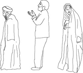 sketch vector illustration of muslim people with hijab and robe