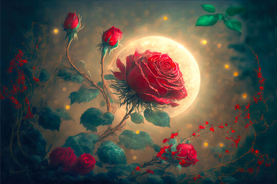 Bright red rose flower with green vines under the moonlight looks dangerous and attractive vintage oil painting,  Valentine's Day background