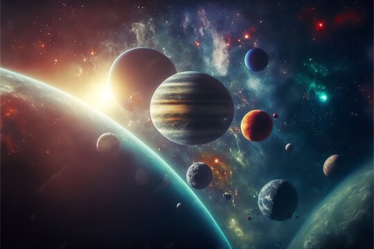 A backdrop of a solar system with planets and stars. Generative Ai.