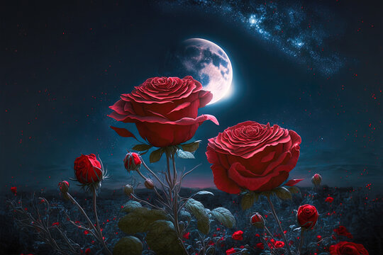 The bright red roses blossom on the night of the full moon, the Milky Way and moonlight illuminating the silent wilderness, and the vines hiding love and magic.