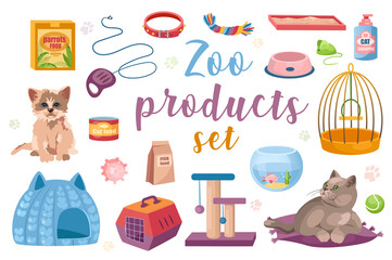 Zoo products set with isolated elements in flat cartoon design. Bundle of food for parrots, collar, leash, toy, feeding bowl, tray, shampoo, bird cage, aquarium, cat and other.