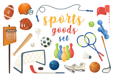 Sports goods set with isolated elements in flat cartoon design. Bundle of baseball ball, helmet, jump rope, red flag, dumbbell, tennis racket, bowling, skates, puck and other.