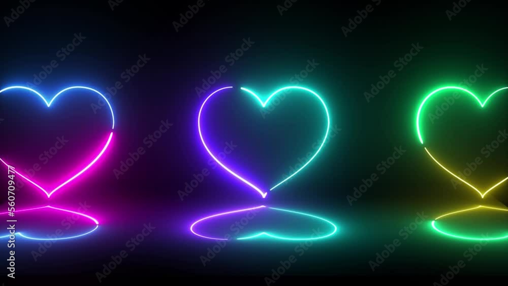 Poster neon multicolor heart shape animation on black background. neon heart shape animation with reflectio