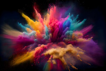 Colorful splash explosion of holi paint powder color on black background.Ai generated