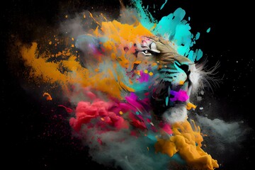 Colorful splashing tiger of holi paint powder color on black background.Ai generated