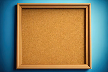 blank cork board in wooden frame on blue background, Generative AI
