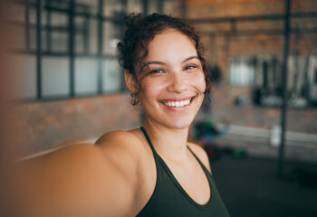 Fitness, exercise and gym selfie portrait of a woman happy about workout, training motivation and...