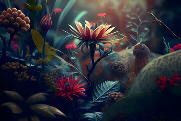 Mysterious forest with greeny leaves and flowers.Ai generated