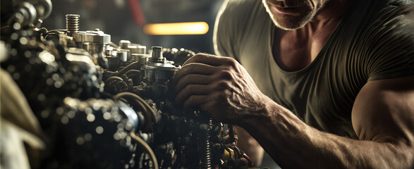 A car mechanic working in a garage and repairs a broken engine or gearbox. Repair or maintenance of a car service - wide banner. AI generative
