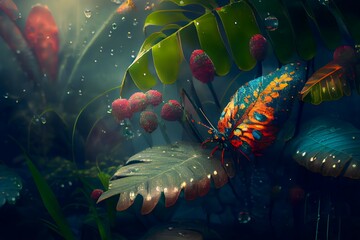 Mysterious forest with insects on greeny leaves and flowers.Ai generated
