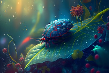 Mysterious forest with bugs on greeny leaves and flowers.Ai generated