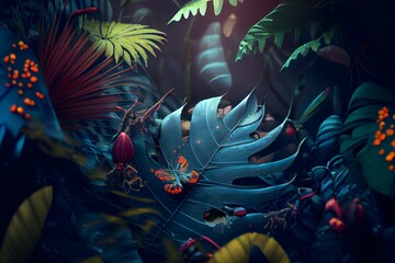 Mysterious forest with butterfly on greeny leaves and flowers.Ai generated