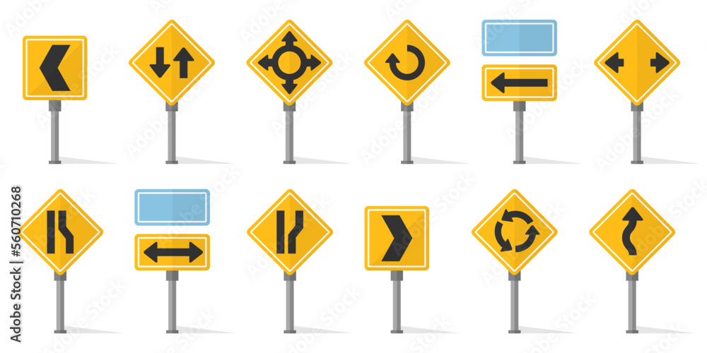 Poster set of orange arrow road signs with shadow in a flat design