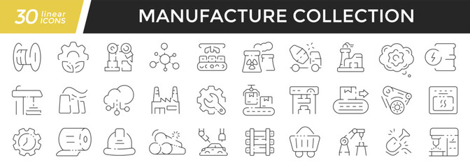 Manufacture linear icons set. Collection of 30 icons in black