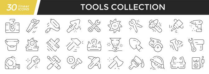 Tools linear icons set. Collection of 30 icons in black