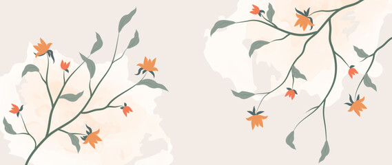 Abstract art vector. Luxury wallpaper in a minimalist style with flowers, branches, artistic leaves and botanical organic shapes, watercolor. Vector background for banner, poster, fabric, decor.