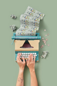 Dollar bills typed in typewriter by female hands.
