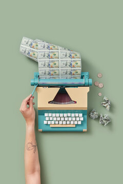 Dollar banknotes printed in typewriter by woman.