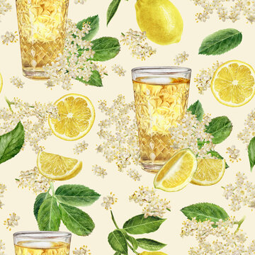 Watercolor illustration seamless pattern of elder lemon juice in glass isolated on white background.