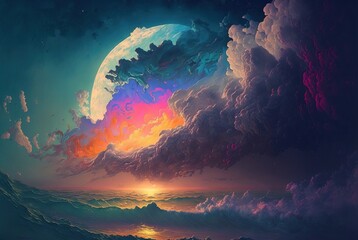 Fototapeta na wymiar World within worlds - moon as a portal rift to another dimension in time and space with turbulent ocean waves and surreal clouds. Fantasy unreal sci-fi seascape - Generative AI illustration.